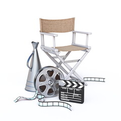 Directors chair, film reel, old megaphone and clapperboard 3D