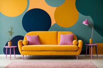 Stimulating yellow couch featured against a bold geometric blue and green wall 
