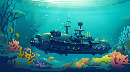 A vector illustration of a submarine exploring the ocean depths.