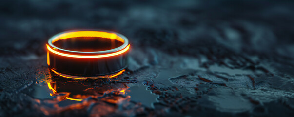 Futuristic smart ring glowing on dark textured background. Sensors tracking body health metrics. Technology commercial banner with copy space.