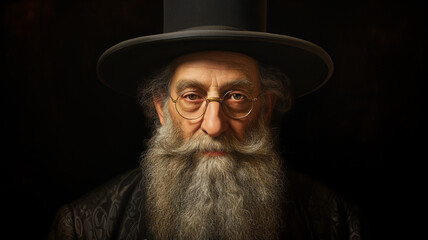 A frontal portrait of an old Jewish rabbi with a distinguished beard, reflecting wisdom and tradition. - obrazy, fototapety, plakaty