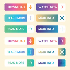 Set of vector modern material style buttons. Different gradient colors and icons on white forms