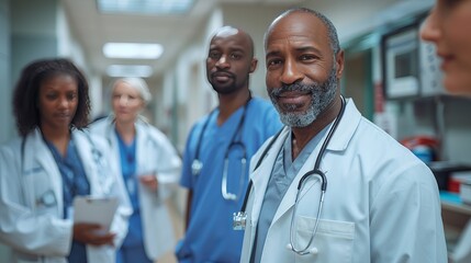 A group of doctors and nurses are sharing a smile in the hospital hallway - obrazy, fototapety, plakaty