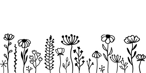 Hand Drawn Black And White Spring Flowers On White Background. Sketch. Doodle style