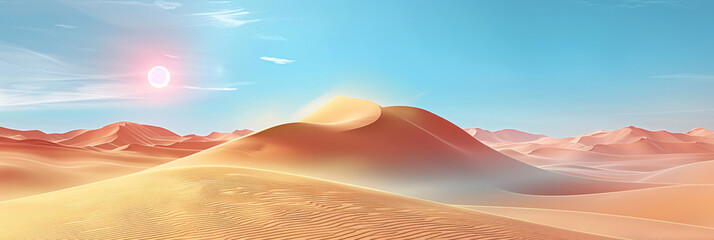the sun in the desert, a brown sand dunes in the desert on blue sky background, appropriate for travel magazines, blog headers, website backgrounds, or desert themed contras designs.banne