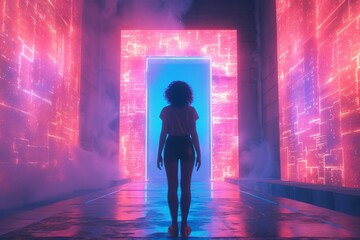 Mysterious Woman Standing in Front of Neonlit Doorway with Smoke Coming Out, Urban Nightlife Scene