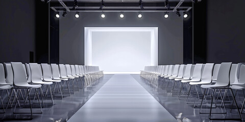  an empty runway with white chairs and white blank space background