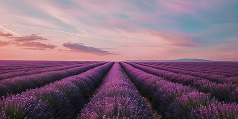 A vast lavender field under a pastel sky, the horizon curved with the gentle swell of the earth