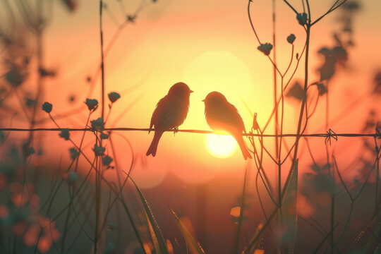 Romantic Silhouette of Birds on Wire at Sunset

