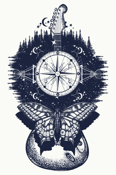 Butterfly, guitar, night forest and compass. Esoteric symbol of music, freedom, dream, adventure and travel, harmony, self-search and great outdoors. Creative t-shirt design concept