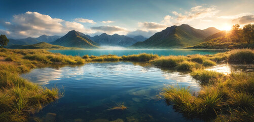 Beautiful landscape of a pond with mountains and reflection on the water. Panorama.