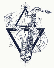 Music tattoo. Saxophone and notes. Esoteric musical symbol of dream, imagination, freedom and creativity. T-shirt design concept