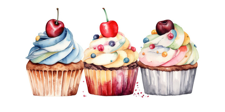 Watercolor Cupcakes set on a white background .