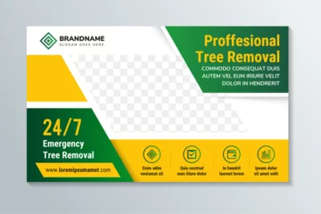 Poster professional tree removal banner design. Agricultural and farming services web social media post lawn gardening template design. horizontal layout with space for photo. green and yellow element. © 1234design