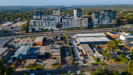 Aerial drone view of commercial and residential buildings at Kirrawee in the Sutherland Shire,...