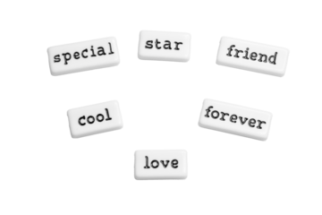 Special, Star, Friend, Cool, Forever, Love" Words on Black Background
