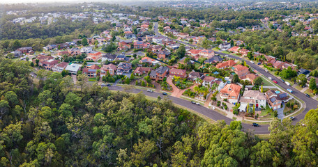 Fototapeta na wymiar Aerial drone view over Menai, in the Sutherland Shire, South Sydney, NSW Australia on the western side of Alfords Point Road in March 2024