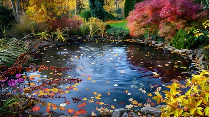 Autumn park with leaves floating on water