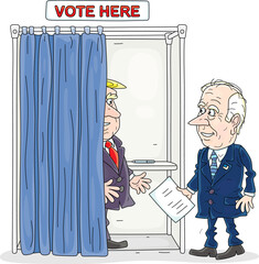 Voters with their ballots meeting and talking near a polling booth for voting in an election, vector cartoon illustration on a white background