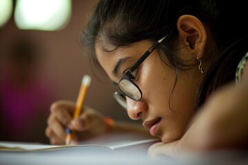 Close up side view tired young little girl Indian Arabian ethnic kid child studying hard lying on desk writing pencil homework upset bored schoolgirl education troubles indoors school classroom lesson