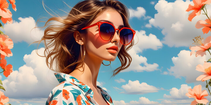 Beautiful young woman in sunglasses. Fashionable image of the model. The female image is drawn. Illustration for poster, cover, brochure, card, postcard, interior design or print