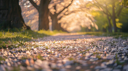Sunrise softly illuminates a magical path strewn with cherry blossom petals, inviting a peaceful walk in the early light. - obrazy, fototapety, plakaty