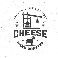 Cheese family farm badge design. Template for logo, branding design with goat and cheese molds and press. Vector illustration. Hand crafted product cheese