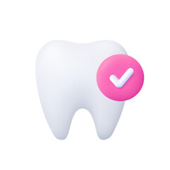 Tooth with a check mark in circle. 3d vector icon. Cartoon minimal style.
