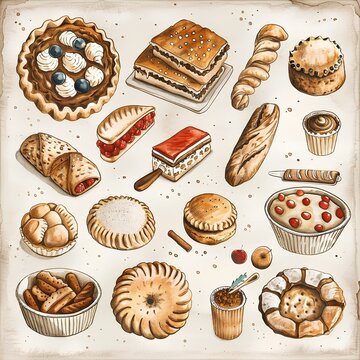 Variety of bread and cake, both alone and in sets, in white and brown, baked and sweet, including cookies, pastries, and biscuits, displayed appetizingly in an image