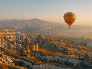 A serene morning in a hot air balloon over the fairy chimneys of Cappadocia, the landscape bathed in soft dawn light 