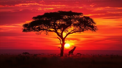 A sunset safari in the Serengeti, a silhouette of an acacia tree with a backdrop of the rich, red African sky  - obrazy, fototapety, plakaty