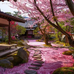 Obraz premium A traditional Japanese tea garden in Kyoto during cherry blossom season, the pink petals creating a colorful canvas