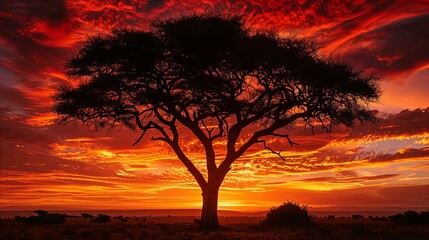 Fototapeta na wymiar A sunset safari in the Serengeti, a silhouette of an acacia tree with a backdrop of the rich, red African sky 