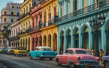 The colorful, bustling streets of Old Havana, classic cars and colonial architecture telling stories of the past  - Powered by Adobe