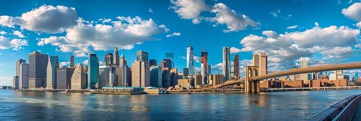 The iconic skyline of New York City as seen from the Brooklyn Bridge, the Statue of Liberty...