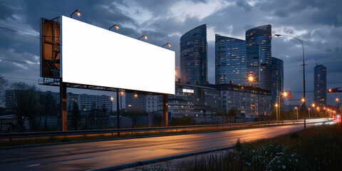 urban landscape at night with a white blank billboard poster design, empty white billboard with buildings at night