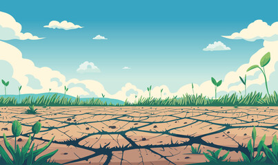 Natural Disasters. The ground is cracked by the drought and the sun is hot. Vector illustration - obrazy, fototapety, plakaty