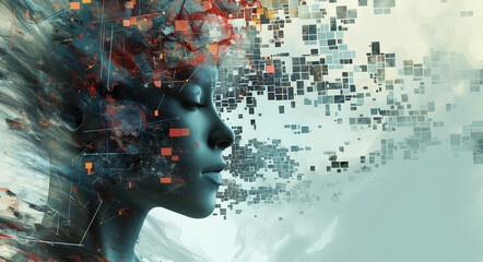 Digital Fragmentation of Human Perception - Abstract Art Portrait of a Woman Disintegrating into Pixels
