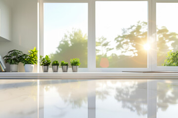 Modern kitchen counter with marble top and copy space