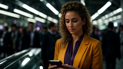 Lady in yellow blazer checking her phone in a crowd blur  - obrazy, fototapety, plakaty