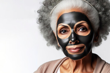 african american grandmother with anti age mask on face isolated on solid white background. ai generative