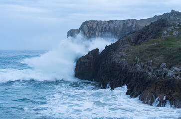 Maritime storm on the coast of Cué, around Antilles beach. Cantabrian Sea. Council of LLanes. Asturias. Spain. Europe