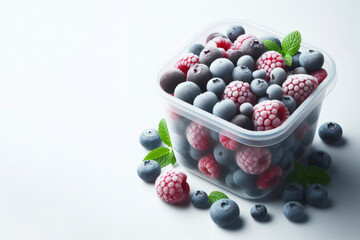 Frozen Blueberries and raspberries in a plastic container isolated on solid white background. ai generative