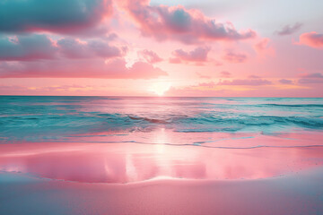 Pink sea. Dawn on the shore. Ocean.Generative AI - obrazy, fototapety, plakaty