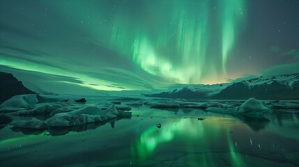 Naklejka premium The majestic Northern Lights dancing across the Icelandic sky, reflected on the surface of a tranquil glacial lagoon