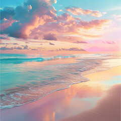 Pink sea. Dawn on the shore. Ocean.Generative AI