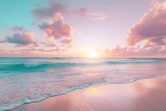 Pink sea. Dawn on the shore. Ocean.Generative AI