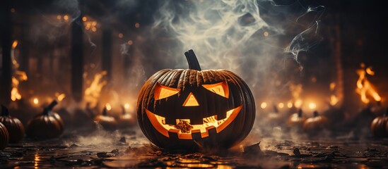 Halloween pumpkins in front of the burning fireplace. Halloween background - obrazy, fototapety, plakaty