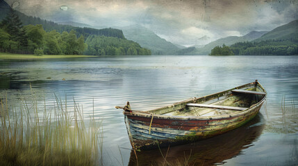 Vintage rowing boat on the waterside of a lake