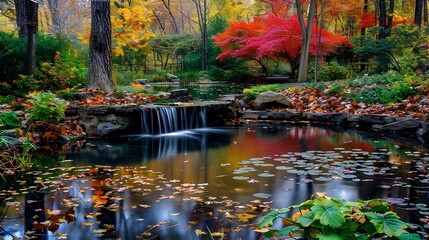 Autumn park with leaves in water, river flowing through, surrounded by trees, rocks, and lush greenery